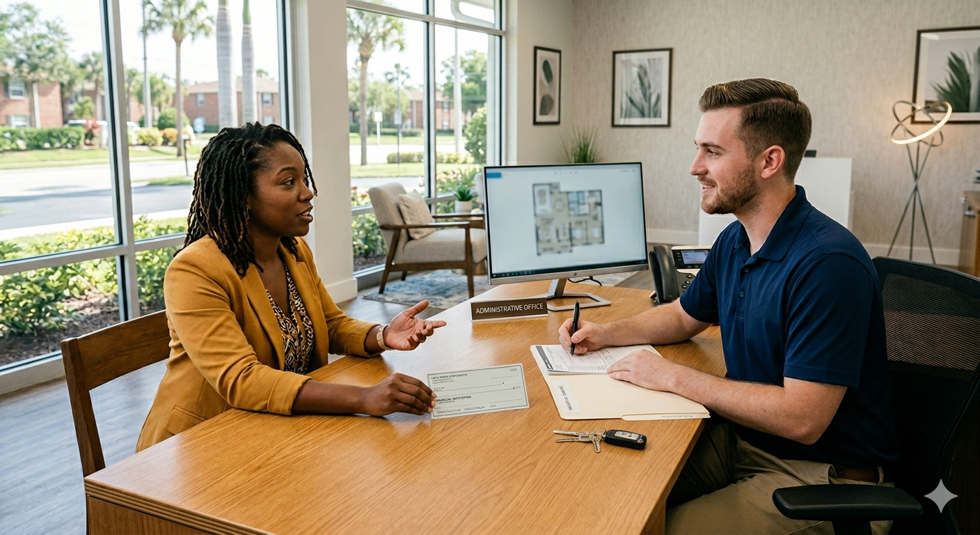 Leasing agent speaking to a tenant